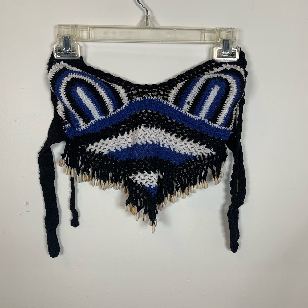 Crochet Shell Fringe Festival Top - Boho Halter - Blue Black White - Adjustable